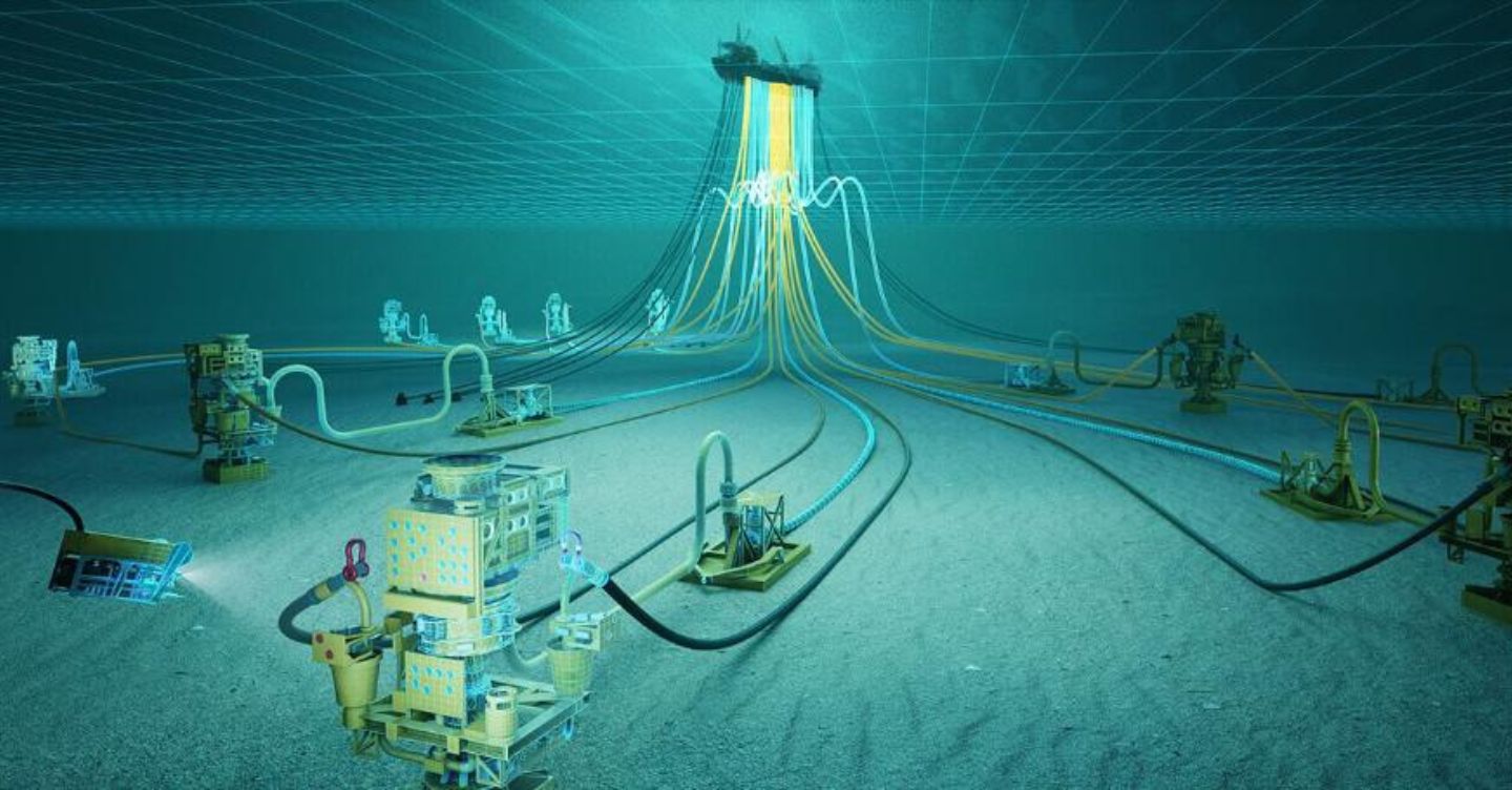 3D illustration of underwater oil and gas production equipment on the seabed, with pipelines and cables connecting to an offshore platform on the surface.