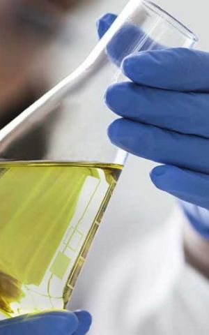 Profissional de laboratório usando luvas azuis analisa uma amostra de combustível em frasco de vidro, em ambiente de pesquisa e desenvolvimento.