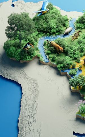 Stylized relief map of Brazil featuring different biomes illustrated with vegetation, rivers, and native wildlife.