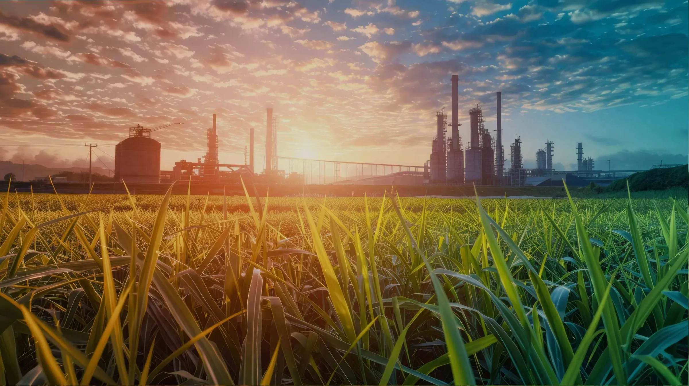 Campo de cultivo de cana-de-açúcar em primeiro plano, com uma refinaria industrial ao fundo sob o brilho de um pôr do sol alaranjado.