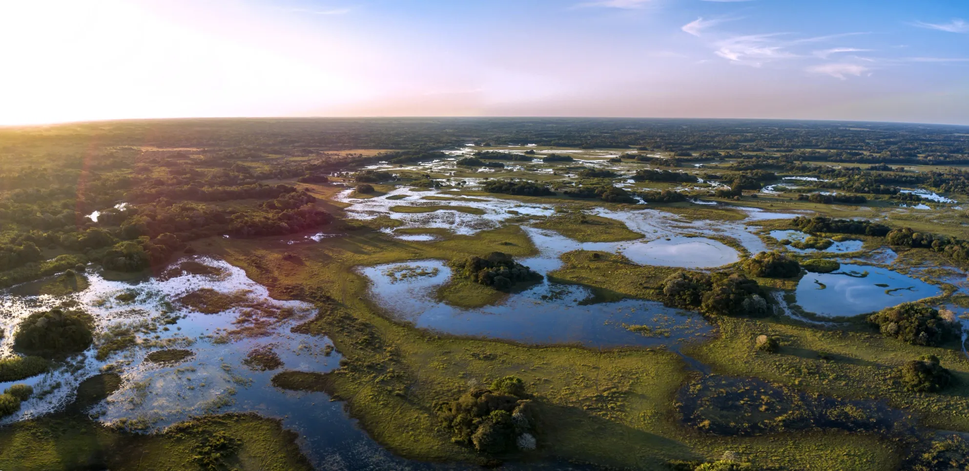 Vista aérea panorâmica da planície alagada do Pantanal com áreas de vegetação verde e espelhos d'água sob o sol.