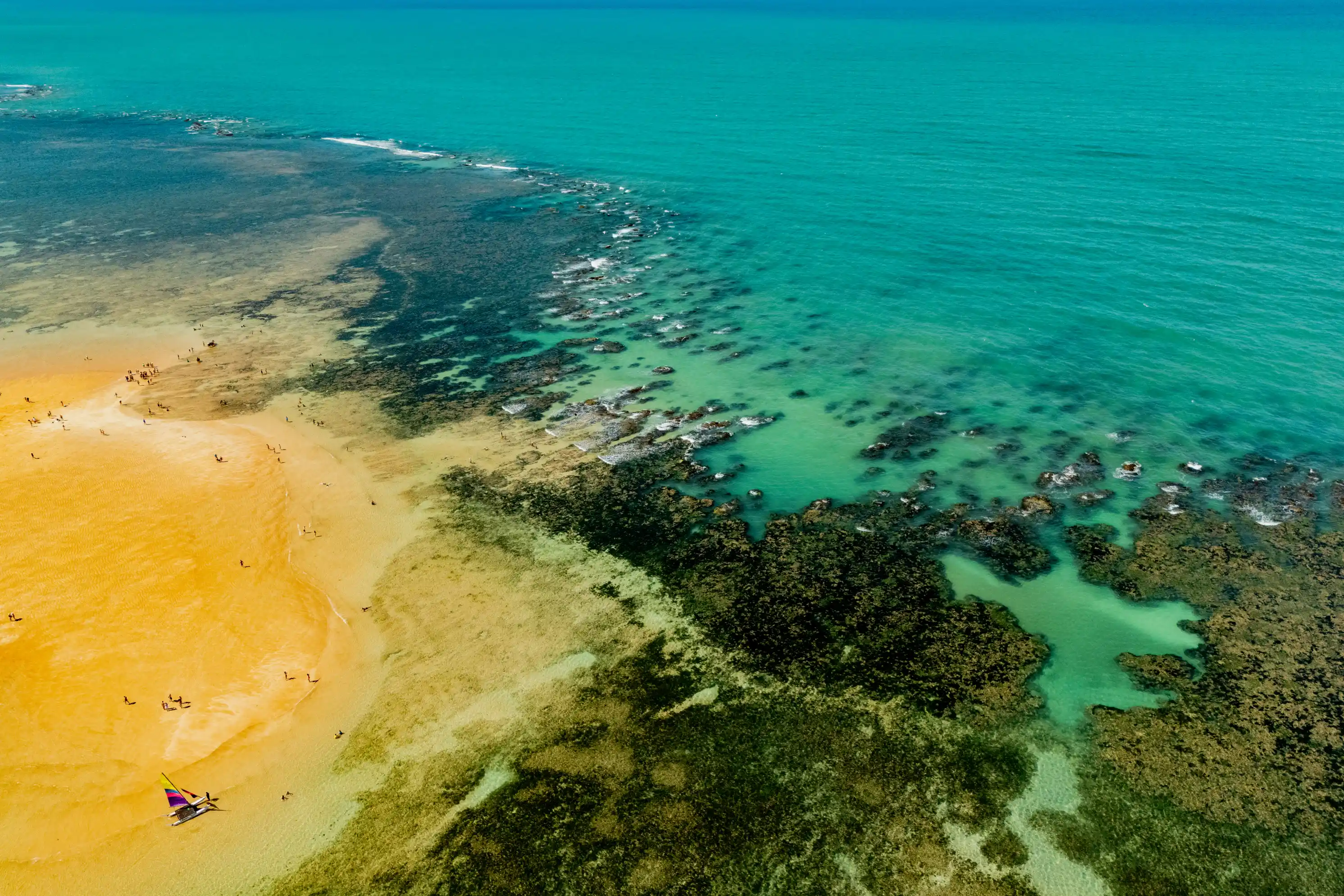 Vista aérea de uma praia de areia clara e águas azul-turquesa, revelando formações de recifes de coral submersos próximo à costa.