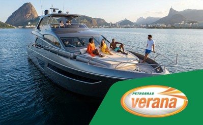 Foto de um iate com pessoas em cima e o texto Petrobras Verana