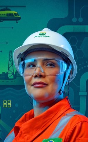 Petrobras professional wearing a helmet and safety glasses with technology and energy illustrations in the background.