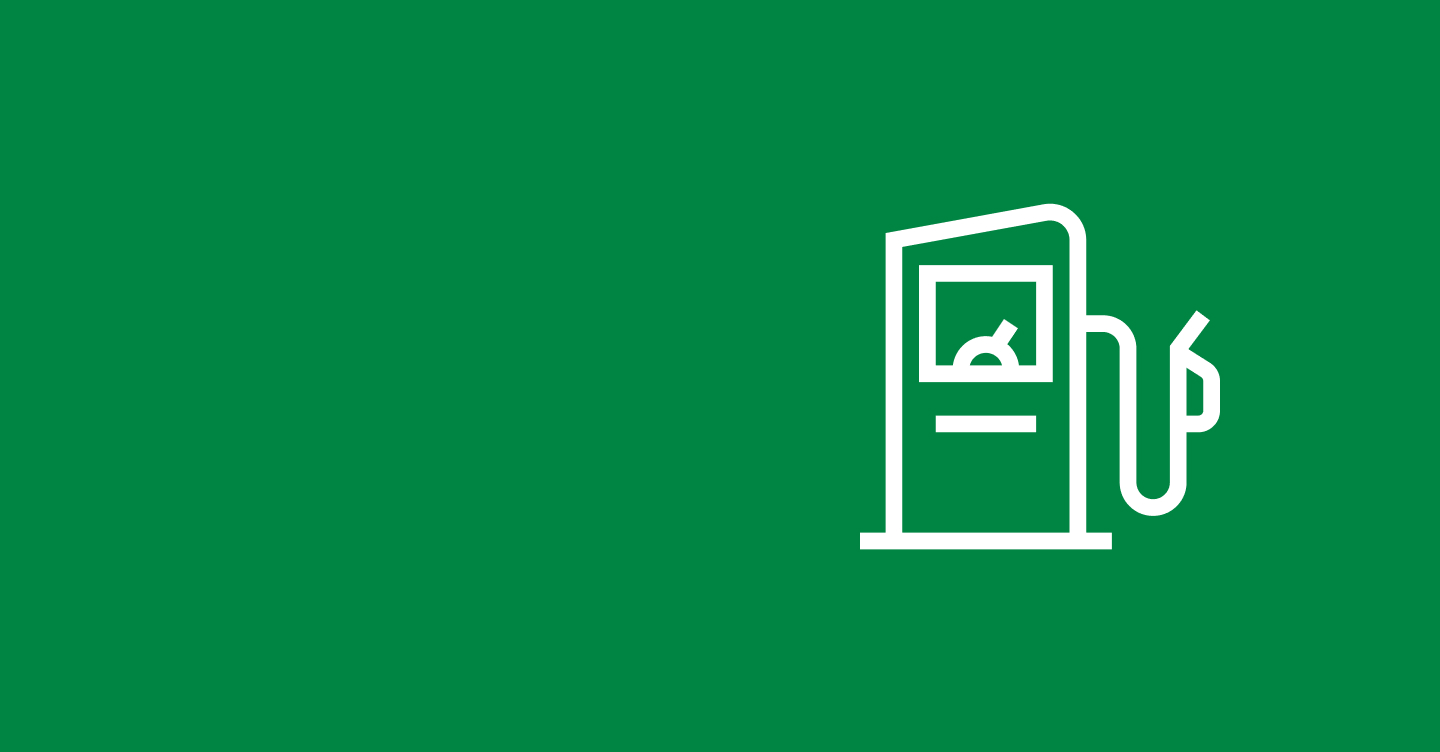 Fundo verde com um ícone branco de traços simplificados de uma bomba de combustíveis.