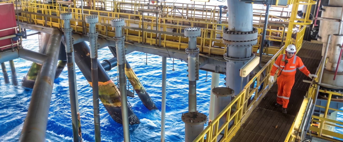 Aerial view of an offshore platform with helipad and drilling equipment at sea.