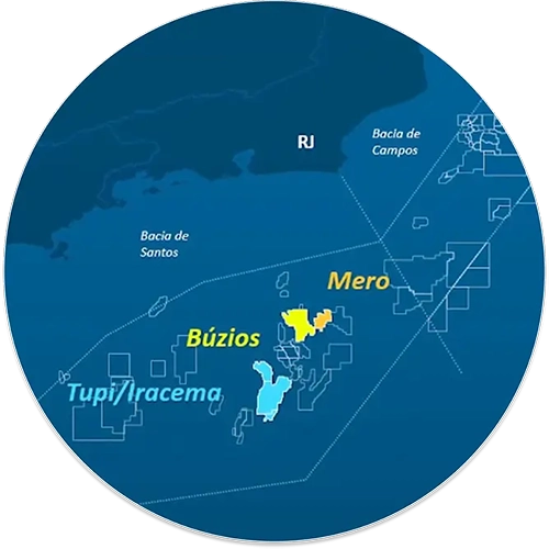 Imagem representando os poços Tupi, Iracema, Búzios e Mero