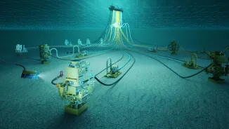 Imagem em 3D de sistema submarino da Petrobras, composto por linhas flexíveis.