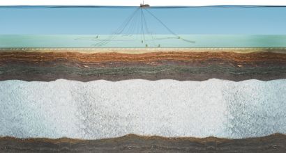 Ilustração mostrando diferentes camadas geológicas, começando pelo oceano e terminando no pré-sal.