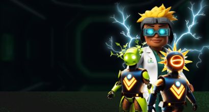 Cientista 3D junto a dois outros personagens representando diferentes fontes de energia.