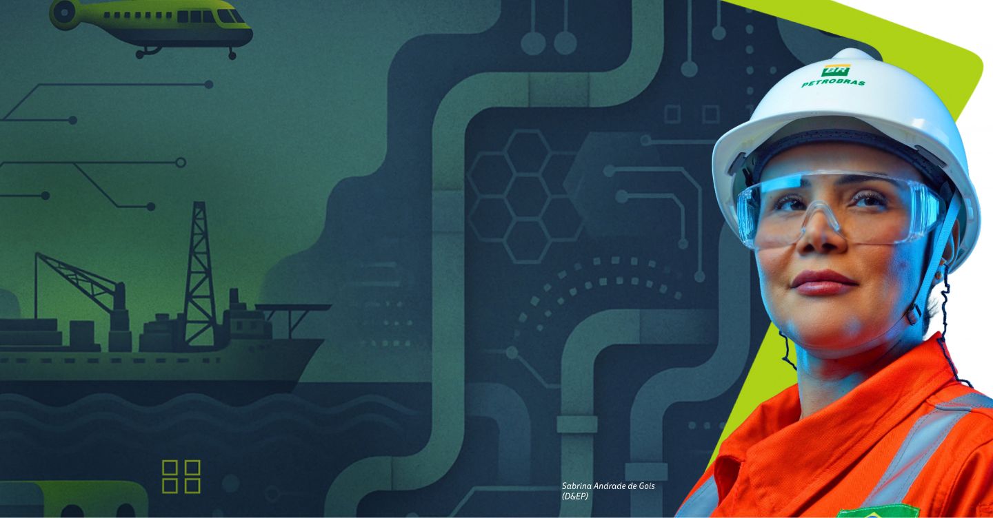 Mulher usando um colete laranja da Petrobras sorri em frente a uma ilustração de ícones e elementos gráficos representando a natureza.
