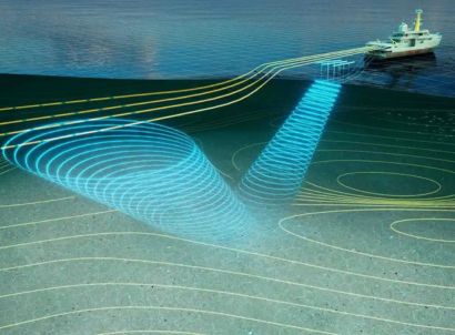 Fundo do mar com linhas desenhadas, representando tecnologia sonar para analisar o solo.