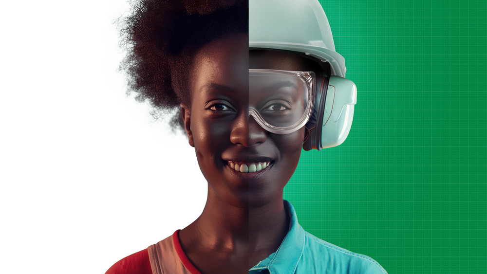 Foto dividida ao meio de colaboradora Petrobras. De um lado, ela está com roupas casuais. Do outro, EPIs de segurança.
