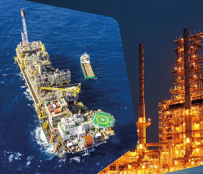 Duas imagens lado a lado: plataforma de produção de petróleo e uma refinaria, representando o plano estratégico da Petrobras.