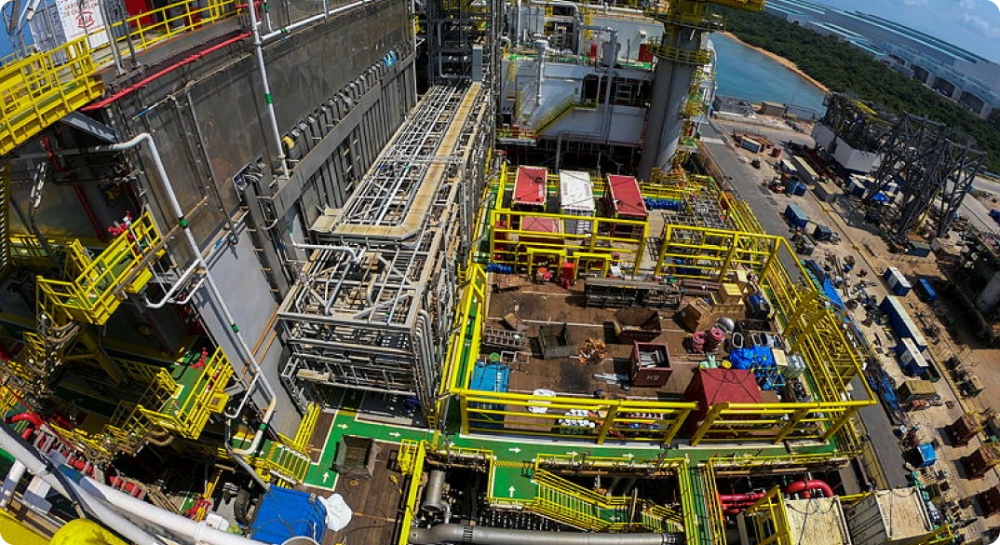 Aerial photo of a Petrobras offshore platform.