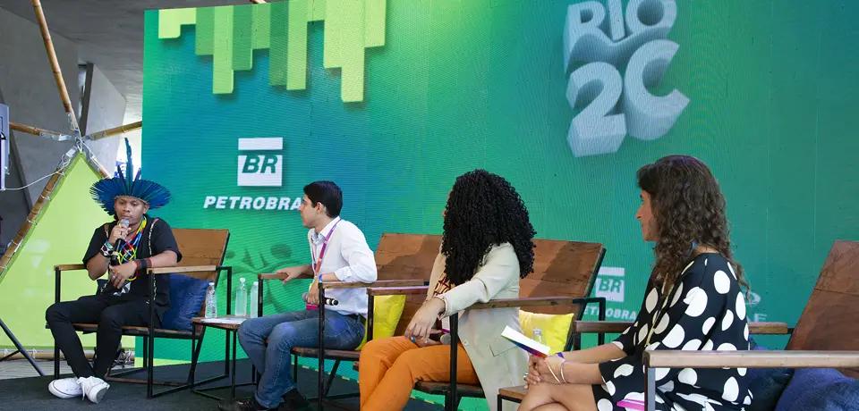 Four Petrobras representatives discussing at a roundtable at Rio2C.