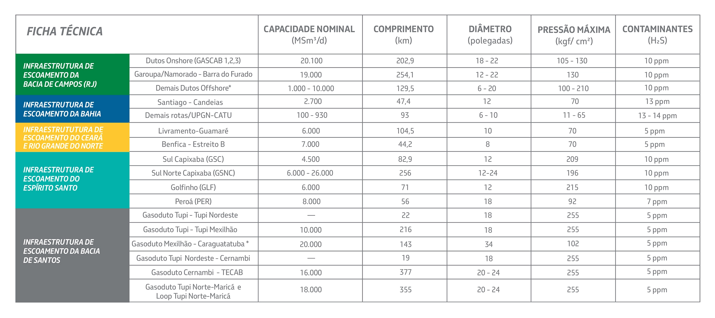 Complete technical sheet of Petrobras' natural gas distribution infrastructure in Brazil.