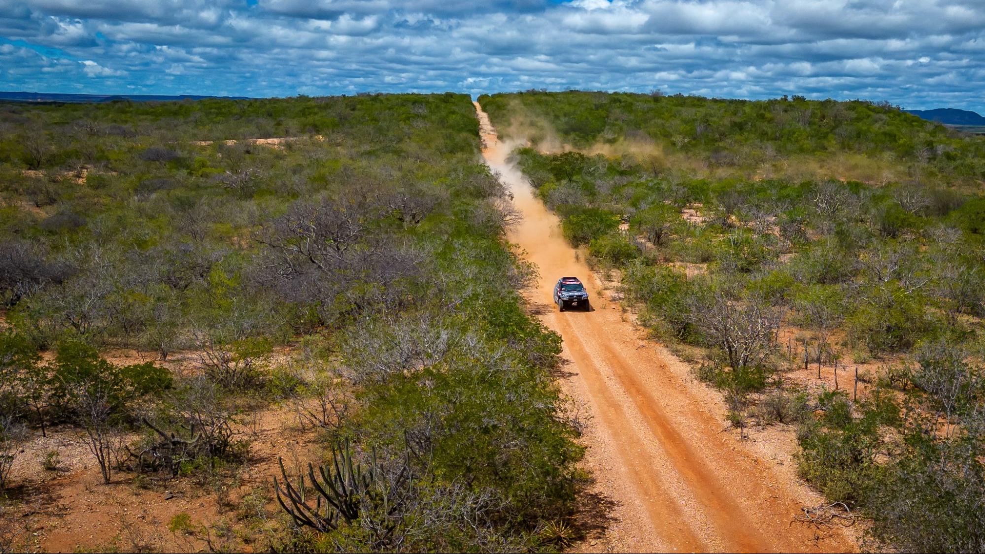 Car advances on a dirt track flanked by backlands vegetation.