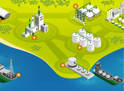 Illustration of different operations for energy generation and distribution.