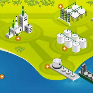 Infographic with illustrations of some Petrobras operations, such as refineries and logistics terminals.