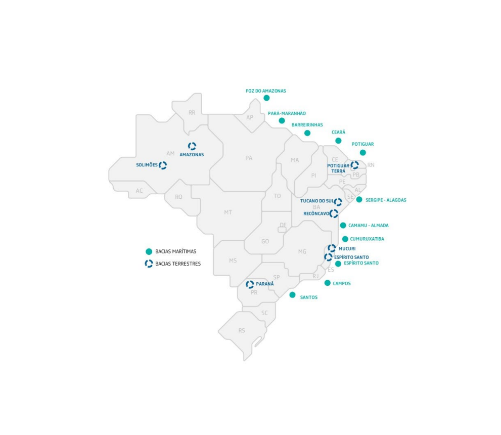 Mapa do Brasil destacando bacias marítimas e terrestres relacionadas à exploração e produção de petróleo e gás, incluindo áreas como Solimões, Amazonas, Foz do Amazonas, Barreirinhas, Potiguar, Recôncavo, Espírito Santo, Santos e Paraná.