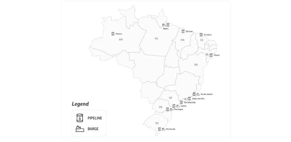 Map of Brazil with cities that have Petrobras Bunker, service offered by pipeline or barge.