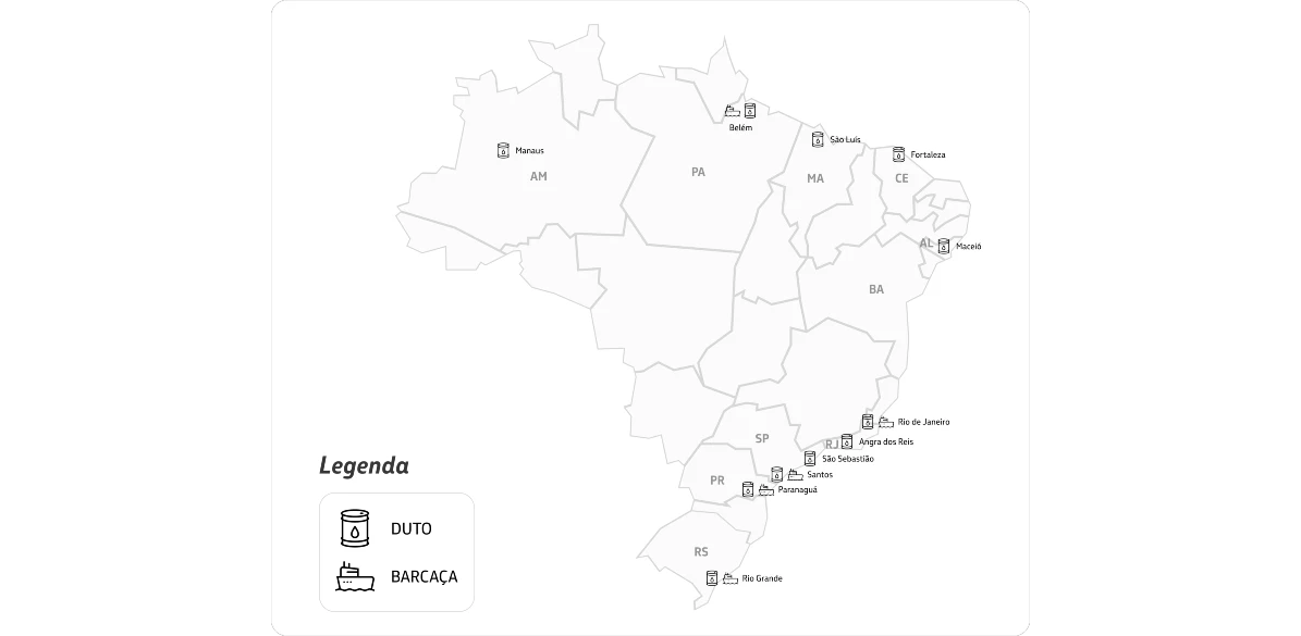 Mapa do Brasil com cidades que têm Bunker Petrobras, serviço oferecido por duto ou barcaça.