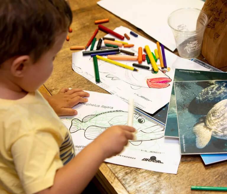 Criança interagindo com desenhos e fotos da espécie mero, em ações do projeto Meros do Brasil junto à Petrobras.