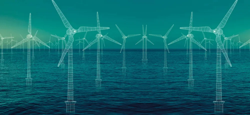 Sea and blue sky with illustrations of weather vanes for wind energy