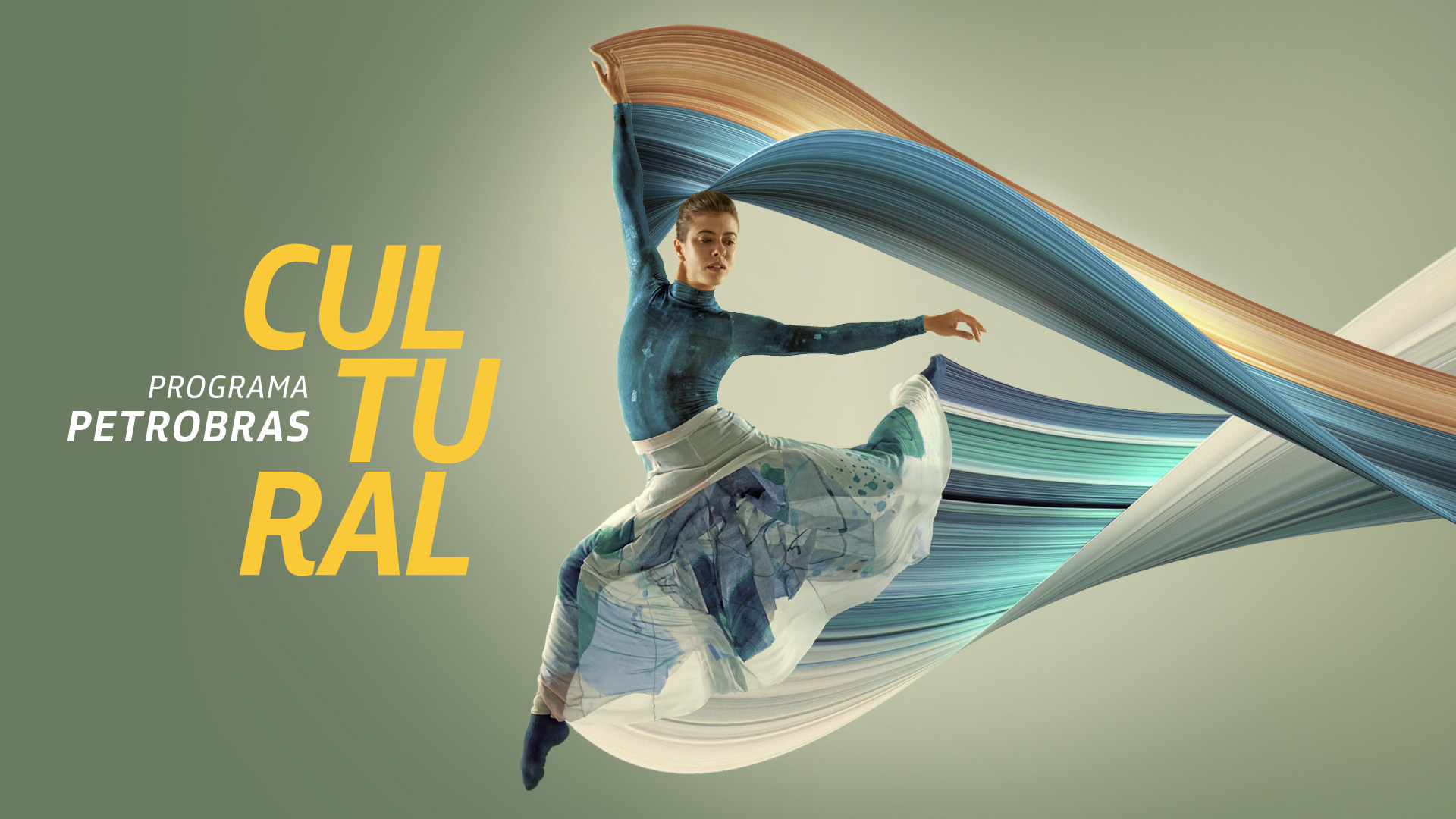 Composição gráfica com imagem de uma mulher dançando e efeito nas cores azul e branco dando movimento à imagem. Lettering com o texto: Programa Petrobras Cultural.