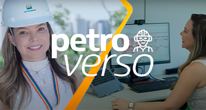 Colagem de imagens da funcionária da Petrobras, com capacete e à frente do computador, com título Petroverso em arte sobre as imagens.