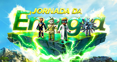 Imagens dos personagens da jornada da energia, sobre uma plataforma luminosa com raios verdes.