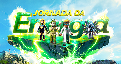 Personagens em 3D em frente a uma paisagem e título estilizado da Jornada da Energia.