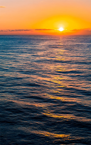 Sunset over the ocean with golden light reflecting on the water's surface.