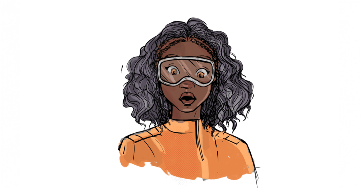 Petra Ventura surpresa, usando uniforme laranja e óculos de proteção.