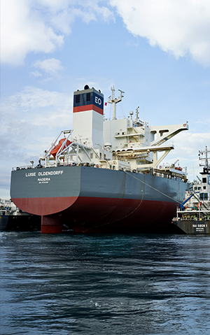 Fotografia diurna de um navio sendo abastecido.