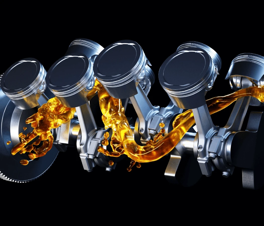 Imagem 3D de um óleo básico lubrificante da Petrobras passando entre válvulas de um motor.