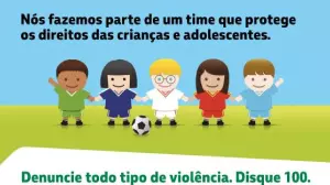 Illustration of five children holding hands, accompanied by the text “Report all types of violence. Dial 100.”
