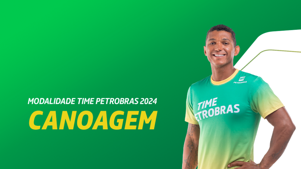 Um atleta sorri usando uniforme do Time Petrobras. Ao lado dele, o texto 