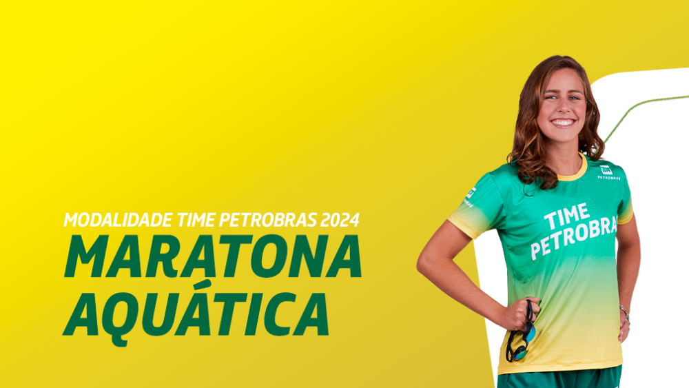 Uma atleta sorri para a câmera usando uniforme do Time Petrobras. Ao lado dela, o texto 